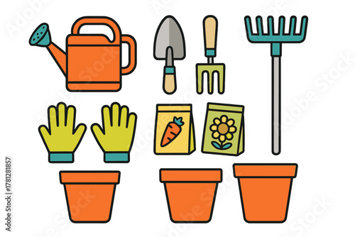 Assortment of essential items for spring gardening including pots, seeds, gloves, and various hand tools