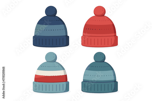 Four warm knitted winter hats with pom-poms in blue, red, and striped patterns isolated on white