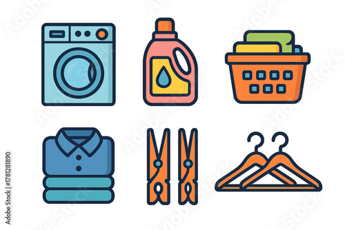 Set of essential household items for laundry including washing machine and detergent