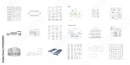 Architectural drawings of vehicles furniture and buildings