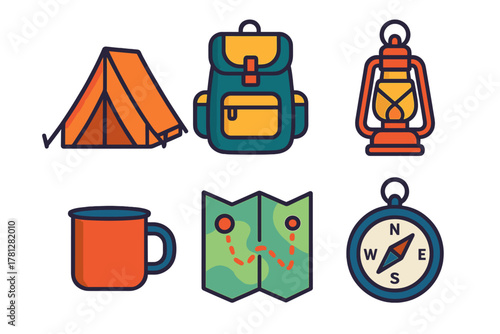 Essential outdoor survival and camping gear set including tent, backpack, lantern, map, and compass