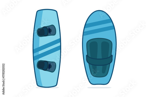 Set of blue wakeboard and surfboard equipment for summer water sports activities