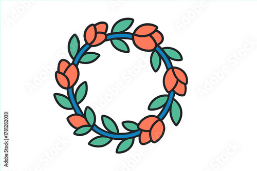 Stylized circular flower arrangement with orange buds and fresh green foliage