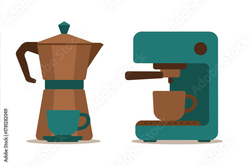Classic stovetop Moka pot next to a contemporary espresso maker and small cups
