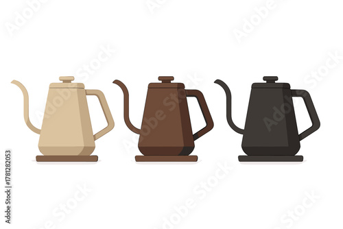 Three modern gooseneck pour-over coffee kettles in neutral colors for brewing hot beverages