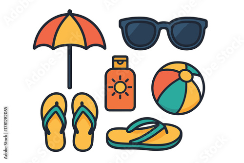 Colorful collection of summer vacation and beach accessories: sunglasses, umbrella, sunscreen, sandals