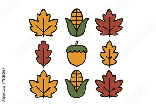 Set of colorful autumn harvest icons featuring maple leaves, corn cobs, and a single acorn