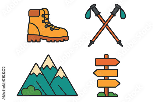 Colorful set of outdoor recreation symbols including hiking boot, trekking poles, mountain, and wooden sign