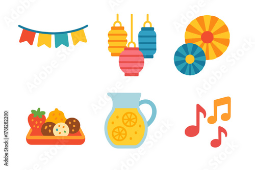 Brightly colored flat design icons for party, celebration, food, drinks, and music
