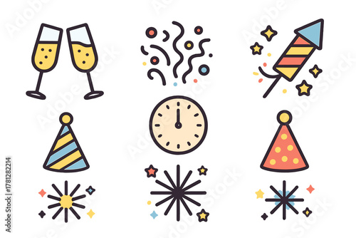 New Year's Eve celebration icons set featuring champagne glasses, countdown clock, and party accessories