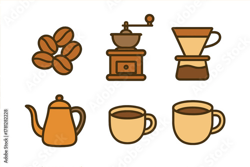 Set of essential coffee brewing equipment including beans, manual grinder, dripper, kettle, and mugs