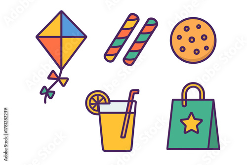 Colorful set of summer and celebration objects including kite, cookie, wafer rolls, drink, and gift bag