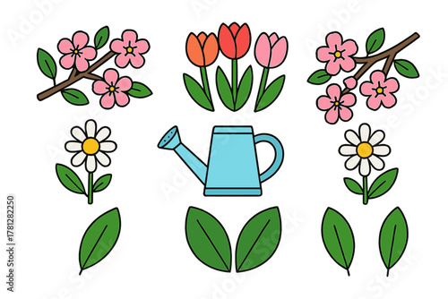 Colorful collection of spring flowers and gardening tools including tulips, daisies, and cherry blossoms