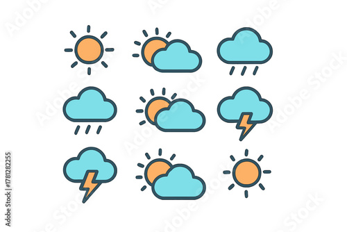Collection of nine colorful weather forecast icons showing sun, clouds, rain, and lightning