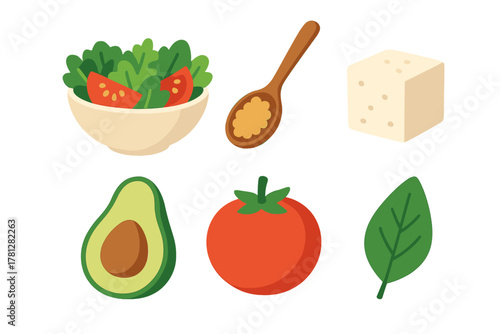 Fresh healthy salad ingredients collection: lettuce, tomato, avocado, cheese, and dressing spoon