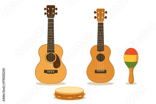 Collection of acoustic guitar ukulele tambourine and maraca musical instruments on white background