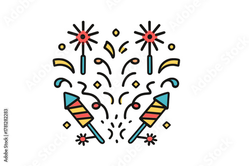 Vibrant festive explosion with rockets sparklers and falling confetti streamers