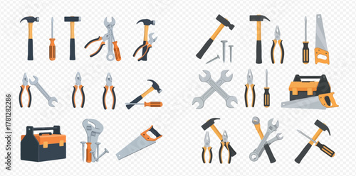 A collection of various hand tools including hammers, screwdrivers, pliers, wrenches, saws, and a toolbox, arranged in multiple groups on a transparent background.