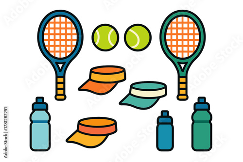 Tennis sports equipment collection with rackets, balls, visors, and water bottles