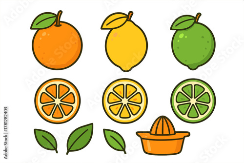 Colorful collection of whole and sliced citrus fruits including orange lemon and lime with a manual juicer