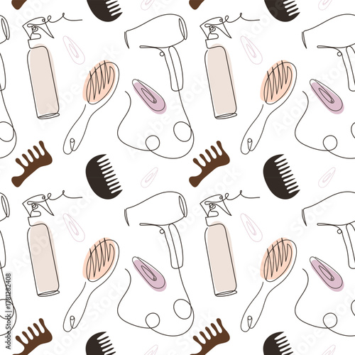 Minimalistic seamless one line art pattern with hairdressing tools and beauty accessories Vector illustration for beauty salon branding, packaging, textile, wallpapers, fashion backgrounds.