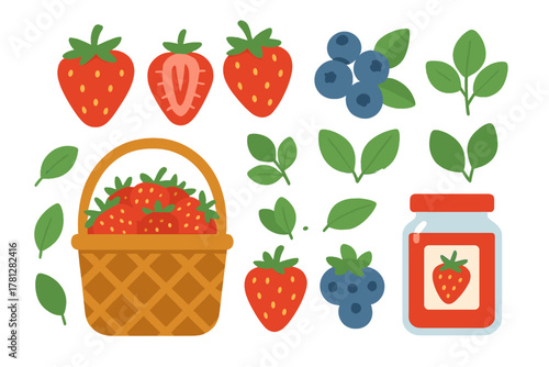 Collection of fresh summer strawberries and blueberries with green leaves, wicker basket, and homemade jam jar