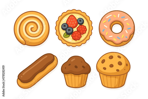 Collection of six assorted sweet pastries and baked goods set featuring donut tart and muffins