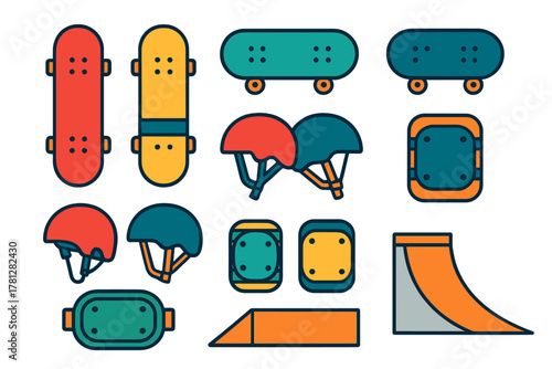 Colorful collection of skateboarding equipment, protective gear, and ramps for extreme sports