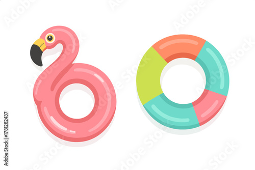 Pink flamingo and colorful geometric inflatable swimming rings for summer pool fun