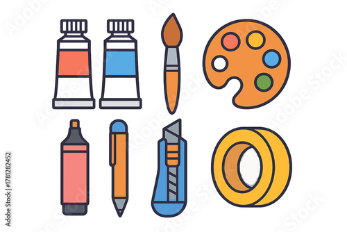 Collection of colorful art and craft supplies including paint, brush, palette, marker, and utility knife