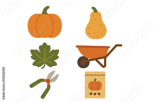 Autumn harvest and gardening tools set including pumpkin, gourd, leaf, wheelbarrow, and shears