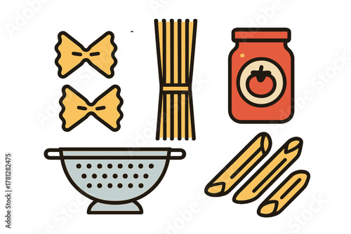 Assortment of Italian pasta shapes, kitchen utensils, and tomato sauce jar