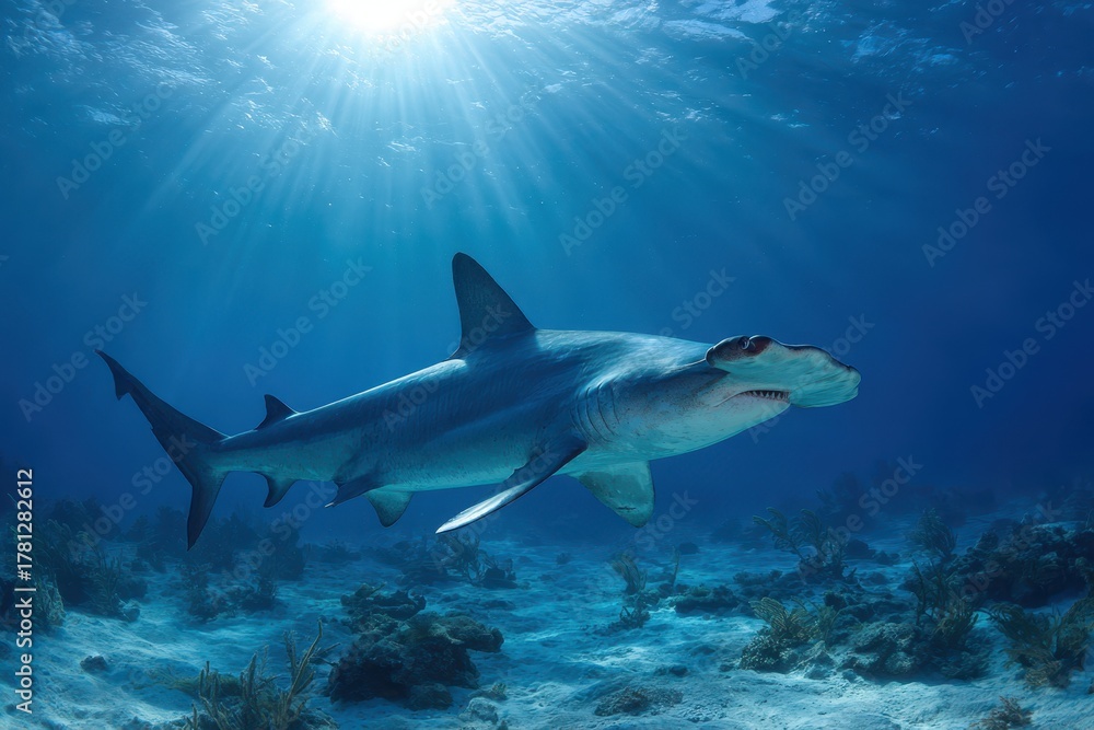 Fototapeta premium Majestic Great Hammerhead Swimming Gracefully in the Vibrant Caribbean Sea
