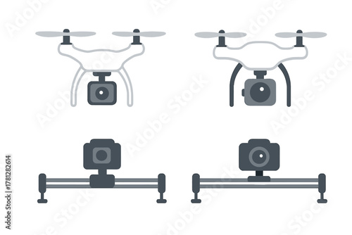 Collection of professional video production equipment featuring drones and camera sliders
