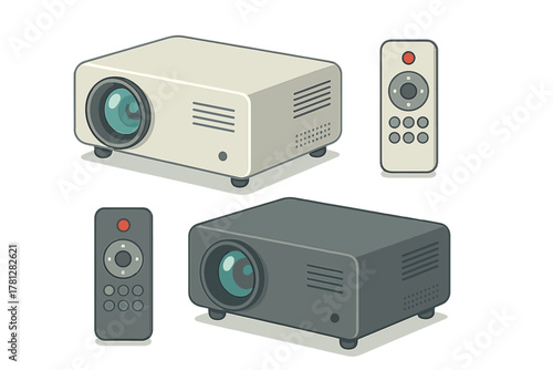 Set of two modern video projectors and remote controls in different colors for presentation and home cinema
