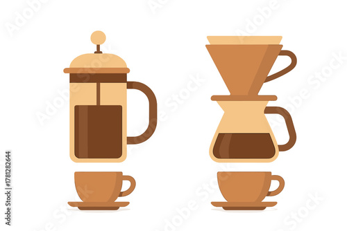 Classic French press and modern pour-over apparatus representing two coffee brewing methods
