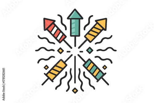 Colorful stylized fireworks rockets exploding symmetrically for celebration design