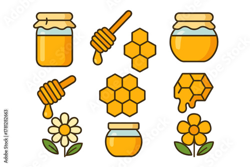 Natural honey products set with jars, dippers, dripping honeycomb, and blooming flowers