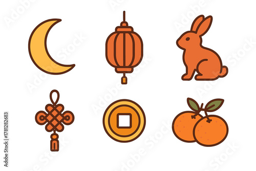 Traditional Chinese holiday symbols including rabbit, lantern, lucky coin, knot, and orange icons