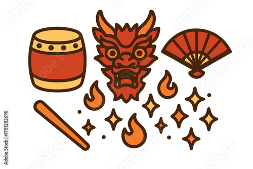 Traditional Chinese Dragon mask ceremonial drum and hand fan set for festive celebration
