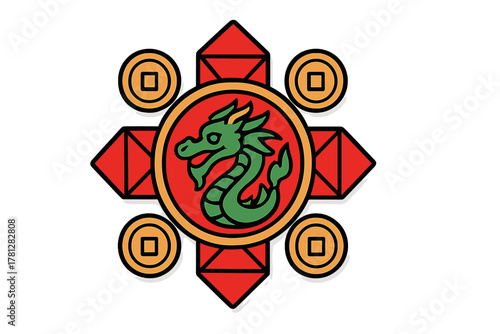 Chinese New Year dragon emblem surrounded by traditional gold coins and red lucky symbols