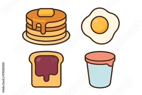 Stacked pancakes, sunny side up egg, and jam toast for a delicious morning meal