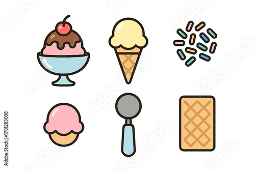 Colorful collection of dessert items including ice cream sundae, cone, scoop, sprinkles, and waffle
