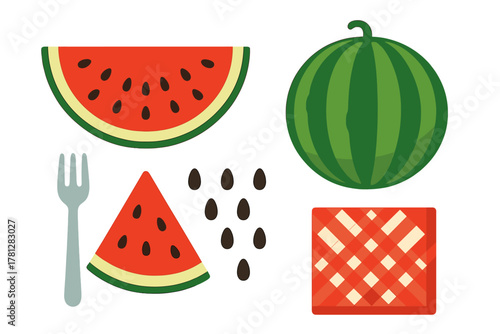 Summer picnic set with fresh whole watermelon, slices, seeds, and checkered cloth