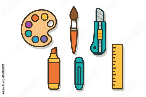 Colorful collection of art and craft supplies including palette paintbrush marker and ruler