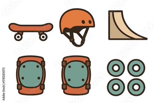 Skateboarding equipment set including board, protective helmet, pads, wheels, and skate park ramp