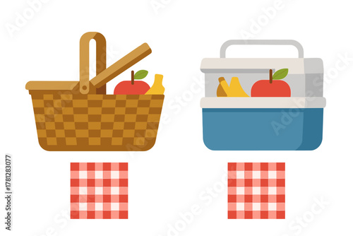 Wicker picnic basket and modern cooler box filled with fresh fruit and red checkered gingham pattern