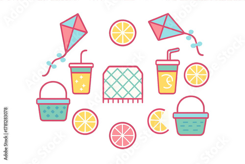 Colorful summer picnic elements including kites refreshing drinks citrus fruit slices and baskets