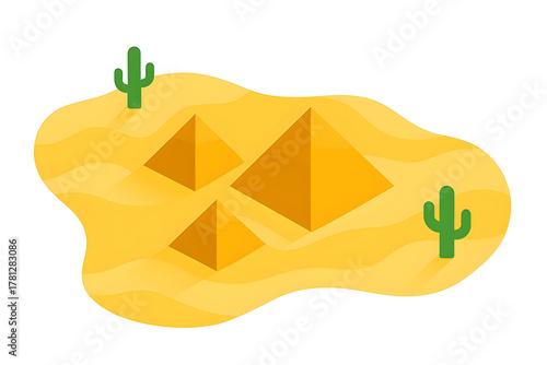 Vector illustration of desert sand landscape with pyramids and cactus trees