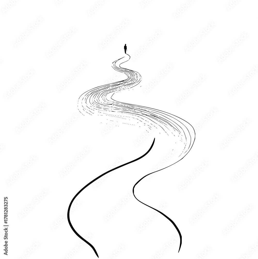 Fototapeta premium Minimalist art print of a person walking on a winding path illustration vector graphic design art drawing